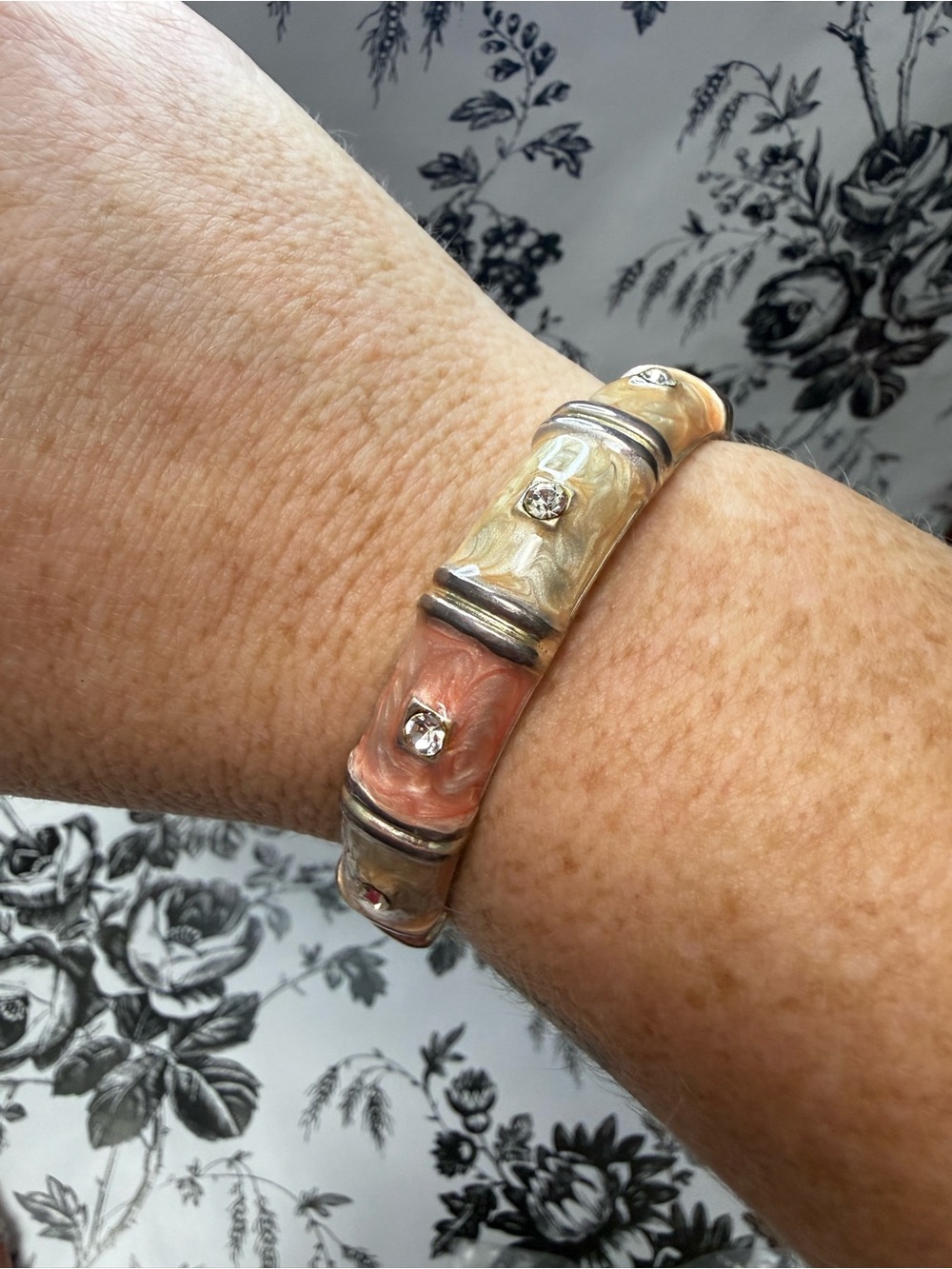Coral and Cream Enamel Bangle Bracelet with Crystal Accents